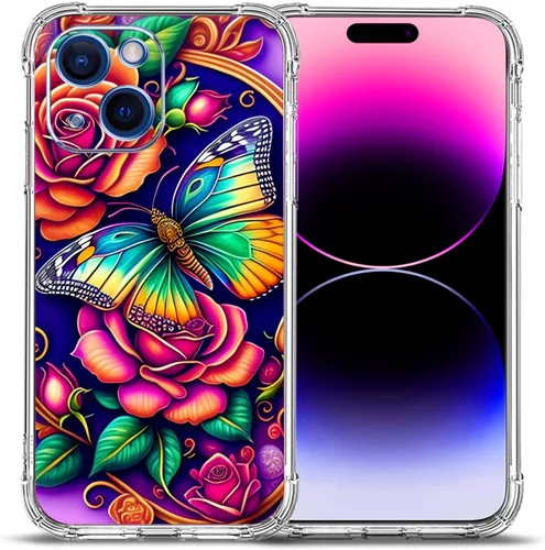 Funda para iPhone 15, colorida mariposa flores protección contra caídas a prueba de golpes TPU cuerpo completo protector resistente a los arañazos