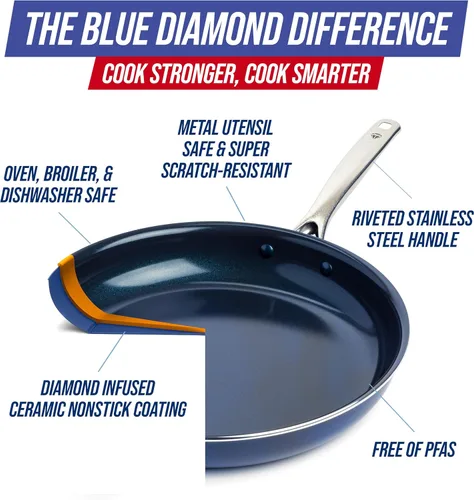Miniatura 4 de Blue Diamond - Sartén antiadherente de 14 pulgadas, sartén familiar de cerámica sin PFAS, sartén jumbo con mango ayudante, sartén antiadherente