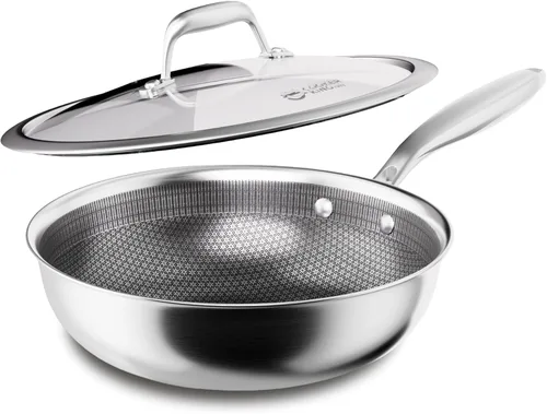 COOKER KING Wok híbrido de acero inoxidable de 10 pulgadas con tapa, sartén antiadherente y sartén profunda, bandeja diaria de panal revestida de