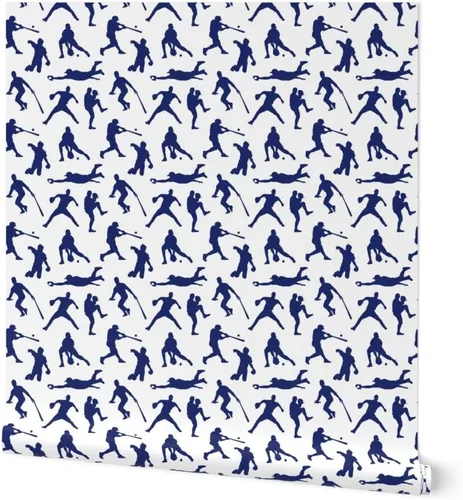 Spoonflower Papel tapiz para despegar y pegar - Jugadores de béisbol Azul oscuro Deportes Hombres Thin Line Kids Papel pintado extraíble