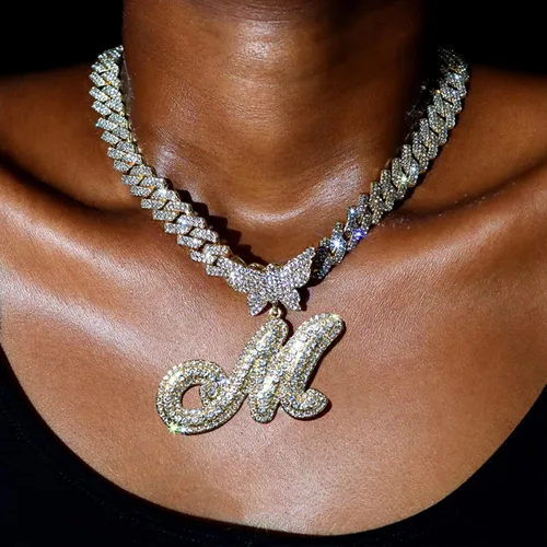 Miniatura 2 de Cadena de eslabones cubanos para mujer, con inicial de plata cursiva de 0.55 pulgadas, con punta de diamante, cadena cubana de hip hop, collar