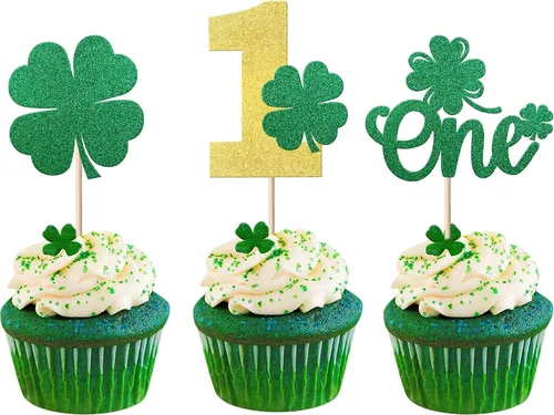 Miniatura 14 de 1 paquete de decoración para pastel de cumpleaños del día de San Patricio con purpurina verde de trébol de la suerte de cuatro hojas, trébol