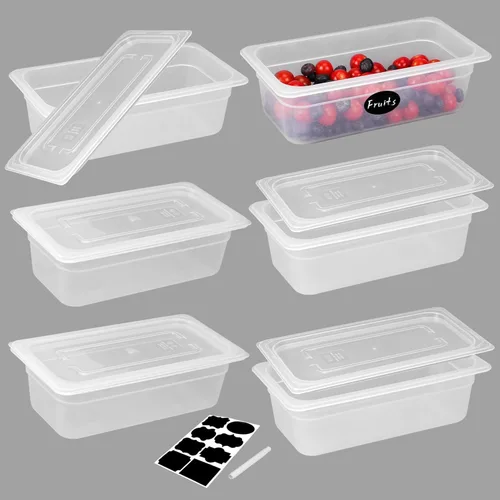 BIEAMA Paquete de 6 sartenes de 1/3 de 4 pulgadas de profundidad con tapas, polipropileno translúcido, sin BPA, almacenamiento comercial apilable