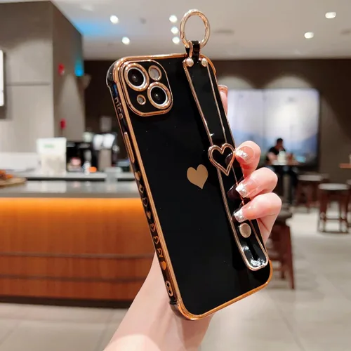 Miniatura 2 de DEFBSC Funda compatible con iPhone 15, con borde galvanizado, diseño de corazón con correa para la muñeca, protección completa de la cámara