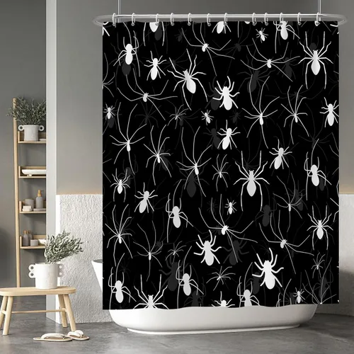 Miniatura 90 de Cortina de ducha de fantasma y gato negro para niños, 36 x 72 pulgadas, espeluznante y bonita, cortina de baño de Halloween con 6 ganchos, cortina