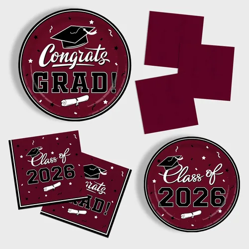 Miniatura 4 de Platos y servilletas de fiesta de graduación Gatherfun 2022 suministros para fiesta de graduación, platos de papel desechables granate, servilletas