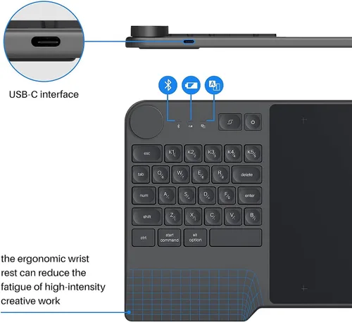 Miniatura 5 de HUION Inspiroy Keydial KD200 Tableta de dibujo inalámbrica, tableta gráfica Bluetooth con dial de teclado, 5 teclas expresas personalizadas