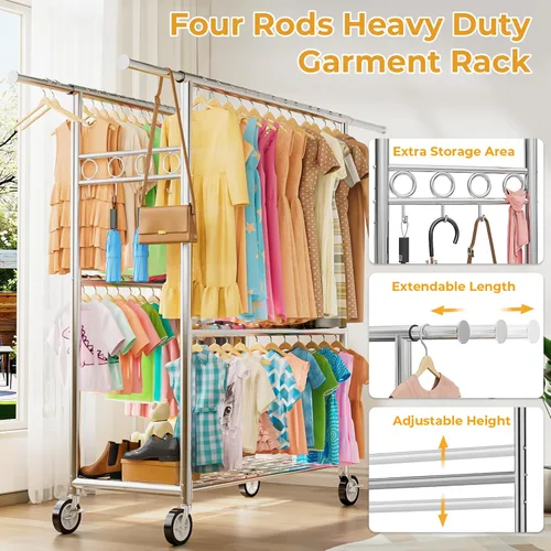Miniatura 6 de Perchero resistente con carga de 1060 libras, cuatro barras de ropa rodantes para colgar ropa, estante de ropa rodante con ruedas resistentes, Plata