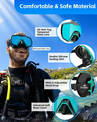 Miniatura 4 de Freela Adult Snorkel Diving Mask with Nose Cover, Tempered Glass Anti Fog Waterproof 180° Panoramic Wide View Scuba Free Diving Goggles for Men Women