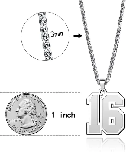 Miniatura 5 de Collar deportivo número del 1 al 99 para niño y hombre, colgante de número de jersey de la suerte, 0.984in de alto, joyería de acero inoxidable