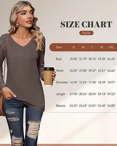 Miniatura 6 de Riyiper 2 camisetas de manga larga para mujer, cuello en V, lisas, casuales, holgadas, camisetas