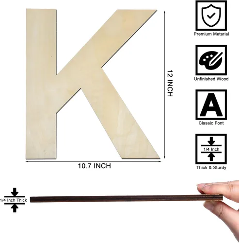 Miniatura 2 de Letra K de madera de 12 pulgadas, letra K de madera grande sin terminar de 1/4 de pulgada de grosor para decoración de pared del hogar, manualidades