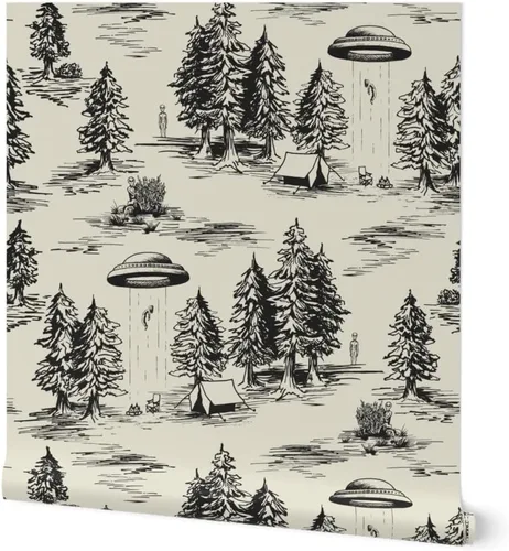 Spoonflower Papel Tapiz Despegar y Pegar Muestra - OVNI Grande Negro Toile De Jouy Abducción Alienígena Espacio Acampada Papel Tapiz Removible