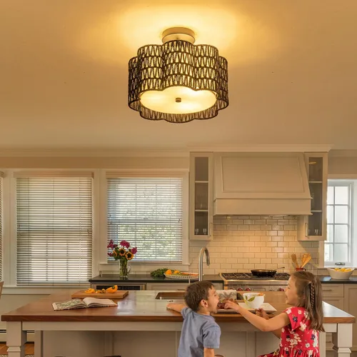 Miniatura 5 de ✿ Lámpara de Techo de Ratán Tejido a Mano de 13.8" con 3 Luces Montaje Empotrado Boho Negro para Dormitorio Pequeño y Guardería, Luz de Techo