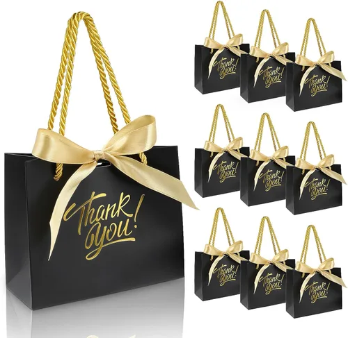 EQOREIIN Paquete de 30 bolsas pequeñas de regalo de agradecimiento con asas de 5.5 x 2.4 x 4.7 pulgadas, mini bolsas de regalo negras con lazo y
