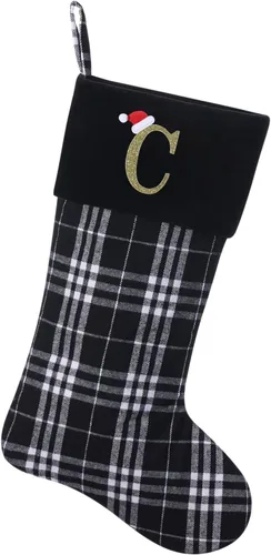 Miniatura 30 de Calcetines de Navidad personalizados con monograma inicial, adornos colgantes, medias clásicas de cuadros negros de 19 pulgadas, decoraciones