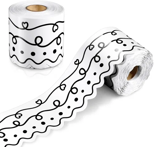 Miniatura 7 de Eaasty Tablero de anuncios en blanco y negro de 69 pies, para decoración de aula, tablero de anuncios, papel colorido festoneado troquelado