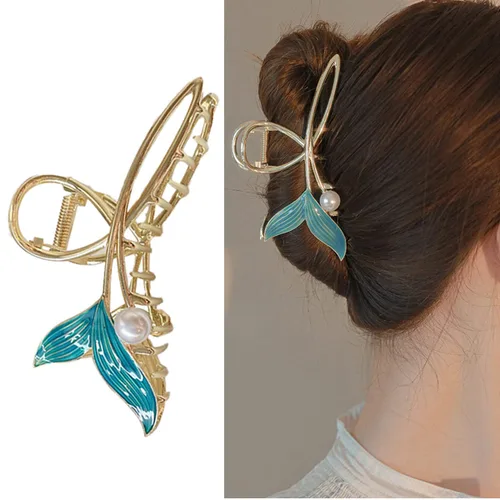 Pinzas para el pelo de cola de pez azul con perla, pinzas de pelo de sirena para mujer, pinza de pelo de metal dorado grande, pinzas de sujeción
