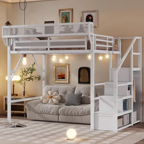 Miniatura 26 de Base de cama Queen Loft con escaleras y almacenamiento, marco de cama de metal resistente, capacidad de 800 libras, para adultos y adolescentes