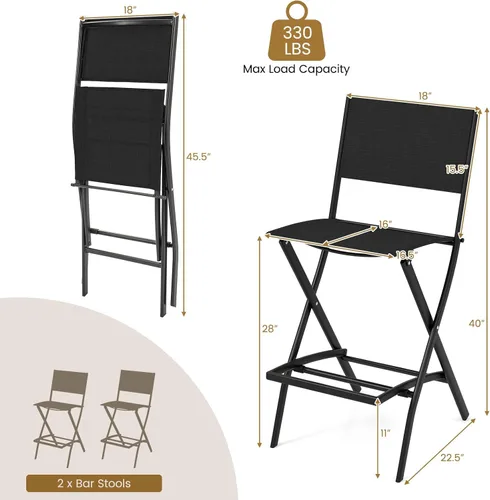 Miniatura 2 de COSTWAY Juego de 2 sillas de bar para patio al aire libre, taburete plegable de altura de mostrador con marco de metal y reposapiés, taburete de bar