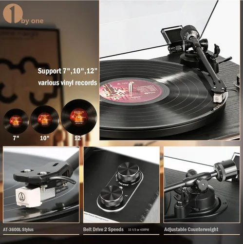 Miniatura 4 de 1 by ONE Reproductor de Discos de Alta Fidelidad Todo en Uno, Tocadiscos de Vinilo con Altavoces Integrados, Cartucho Magnético AT-3600L, Salida