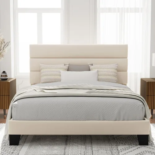 Miniatura 13 de Allewie - Base de cama de plataforma matrimonial con cabecera tapizada de tela y soporte de listones de madera, base de colchón totalmente tapizada