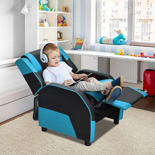 Miniatura 2 de Giantex Silla reclinable para niños, silla reclinable para juegos con reposapiés, reposacabezas y soporte lumbar, silla ergonómica de cuero para Azul