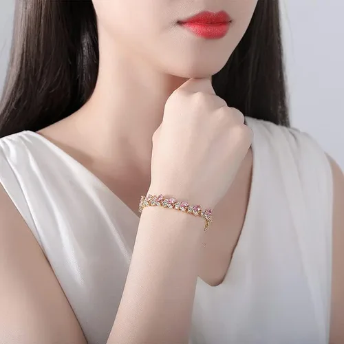 Miniatura 3 de Pulsera de cristal bohemio de oro de 14 quilates para mujer, pulsera de lujo con forma de rama de cristal rosa natural, pulsera de moda, regalo