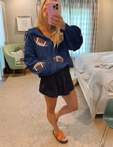 Miniatura 9 de SeekMe Sudaderas con capucha de lentejuelas para mujer, para el día del partido, suéteres de manga larga con cremallera y bolsillo