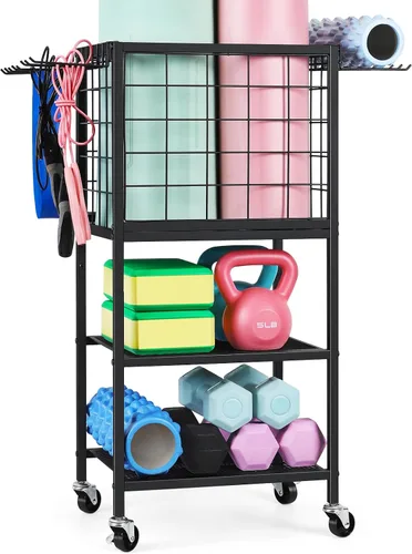 ETELI Estante de almacenamiento para esterilla de yoga, gimnasio en casa, equipo de entrenamiento, carrito de almacenamiento con ruedas de ganchos,