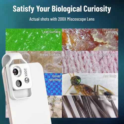 Miniatura 7 de Microscopios de bolsillo para teléfono, 200X Zoom Clip en microscopios Lupa con lente CPL y luz LED, lente microscópica portátil para disfrutar