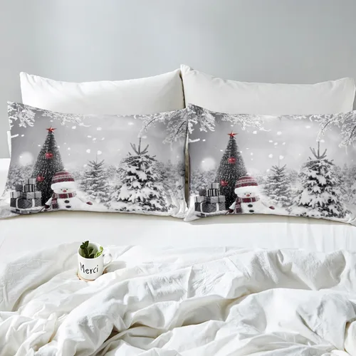 Miniatura 4 de Juego de ropa de cama de 3 piezas con diseño de muñeco de nieve, funda de edredón con temática de invierno, funda de edredón con temática de Feliz