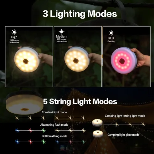 Miniatura 3 de Cadena de luces solares para campamento, 4 en 1, cadena de luces para acampar al aire libre (39.4 pies) con 8 modos de iluminación, funciona