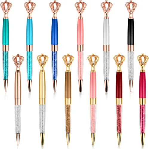 CHENGU 12 bolígrafos con corona de diamantes de cristal, diamantes de imitación de metal con diamantes de imitación de tinta de escritura multicolor