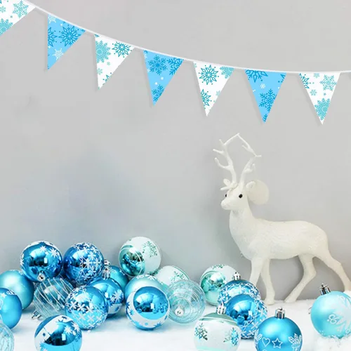 Miniatura 7 de Pancarta de copos de nieve azules y blancos de 32 pies, bandera triangular, banderines de tela para invierno, país de las maravillas, Navidad, Azul