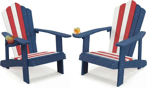 Miniatura 28 de Tangkula Silla Adirondack de gran tamaño, sillas de patio con soporte ajustable para tazas, sillones con caderas y listones, resistente a