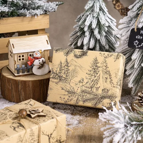 Miniatura 6 de RUSPEPA Papel de regalo Kraft - Diseño de reno negro y árbol de Navidad - Perfecto para Navidad, cumpleaños o cualquier ocasión - 12 hojas dobladas
