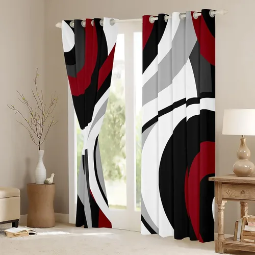 Miniatura 3 de Cortina de ventana de rayas rojas y negras, cortinas abstractas con ondas circulares, cortinas geométricas para tratamiento de ventanas para niños