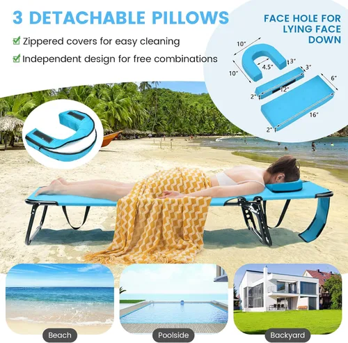 Miniatura 5 de GYMAX Silla de bronceado, silla de playa de 350 libras con agujero para la cara, almohada lavable y correa de transporte, tumbona plegable