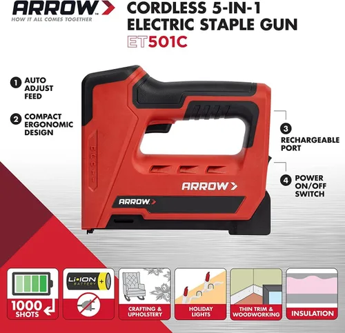Miniatura 3 de Arrow ET501C - Pistola profesional inalámbrica 5 en 1 para grapas y clavos, grapadora de alambre y clavadora de clavos a batería para tapicería