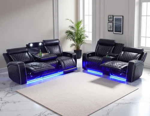 Miniatura 51 de Juego de Sofá Reclinable Eléctrico, Juego de Sofá y Sillón Reclinable de Cuero Negro, Juegos de Muebles de Sala de Estar, Sofá de Dos Plazas