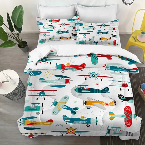 Yasida Juego de edredón de avión para niños, tamaño individual, juego de ropa de cama de avión de dibujos animados coloridos para niños, juegos de