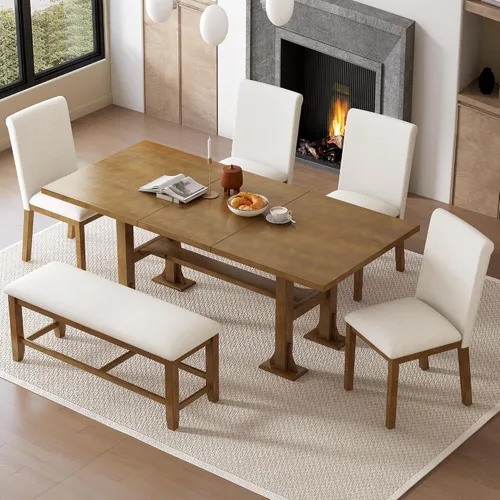 Miniatura 19 de JIVOIT Farmhouse 6 Piece Dining Table Set, Counter Height Table Set with 4 Chairs and a Bench, Rubber Wood Expandable Bar Table Set with Rivet Gris-3