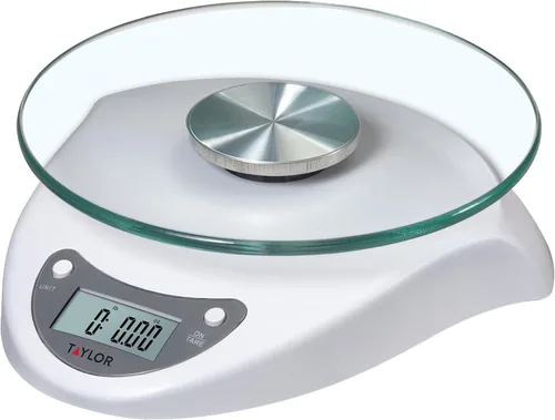 Miniatura 7 de Taylor Báscula digital de cocina con plataforma de vidrio, botón de tara y cuerpo de plástico que pesa hasta 11 libras de capacidad, color blanco