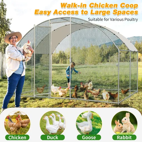 Miniatura 6 de VINGLI Gallinero grande de metal, espaciosa jaula para aves de corral con cubierta impermeable y anti-UV, corral para pollo al aire libre