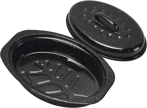 Sartén pequeña de 13 pulgadas con tapa - Asador ovalado cubierto - Olla de asado de acero al carbono esmaltado - Excelente distribución del calor y