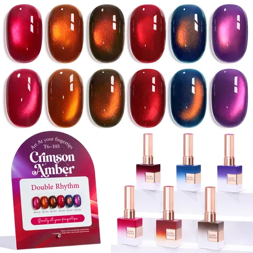 Miniatura 25 de Double Rhythm - Juego de esmalte de uñas de gel ojo de gato de 6 unidades, mismo color, misma botella, 14.8 ml, brillo con glitter, con imán