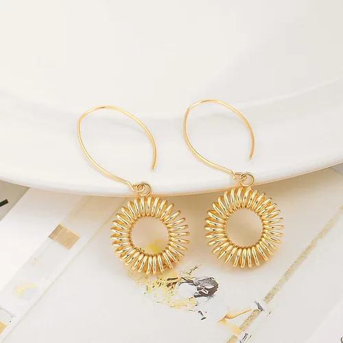 Miniatura 7 de Aretes colgantes largos de oro con forma de bola de simicírculo para mujer, ligeros, circular, moneda, geométricos, planos, cepillados, chapados