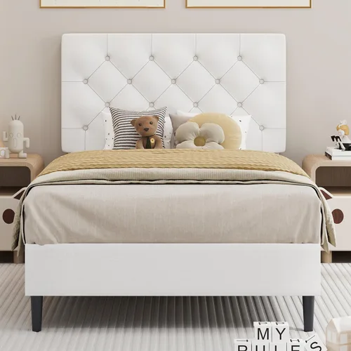 Miniatura 19 de BarnFurin Marcos de cama individual con cabecera capitoné con botones, cama de plataforma tapizada de lino con soporte de listones de madera, fácil