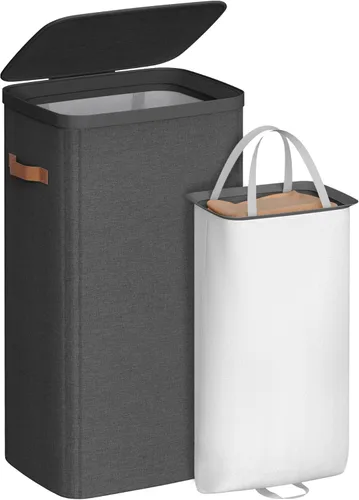 Miniatura 7 de SONGMICS Cesta de lavandería de 17.2 galones, fácil montaje, con tapa y asas, forro extraíble, 15.4 x 8.7 x 29.5 pulgadas, beige capuchino